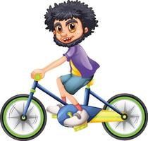 Un niño en bicicleta, personaje de dibujos animados aislado sobre fondo blanco. vector