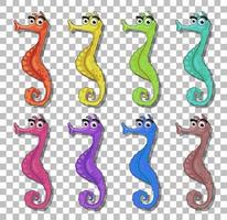 Set of many seahorse cartoon character isolated on transparent background vector