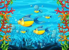 muchos personajes de dibujos animados de peces exóticos en el fondo submarino vector