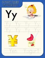 Alphabet tracing worksheet with letter Y and y vector