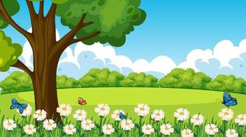 Park outdoor scene with flower field and a big tree vector