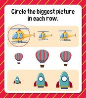 Circle the biggest picture in each row worksheet for children vector