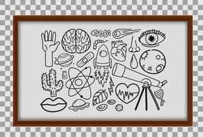 Different doodle strokes about science equipment in wooden frame on transparent background vector