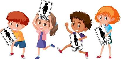 Set of different kid holding toilet sign isolated on white background vector