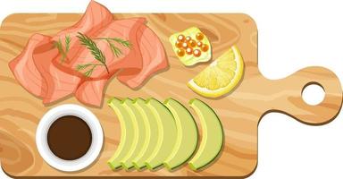 Top view of salmon and avocado set on a cutting board isolated vector