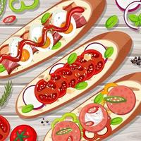 Many bruschetta toast on the table close up view vector