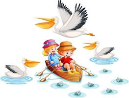 Niños felices en bote de remos sobre fondo blanco. vector