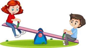 Cartoon character boy and girl playing seesaw on white background vector