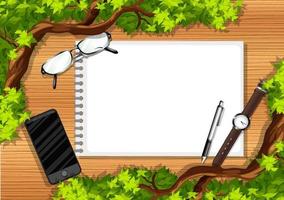 Top view of wooden table with office objects and leaves element vector