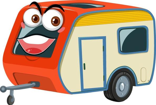 Camper trailers with face expression cartoon character on white background