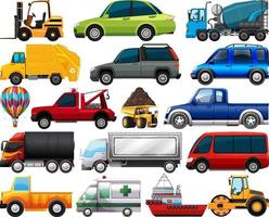 Set of different kind of cars and trucks isolated on white background vector