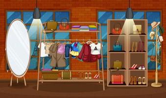 Clothes hanging on a clothes rack with accessories on shelves in the room scene vector