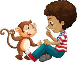 Boy playing with a little monkey isolated on white background vector