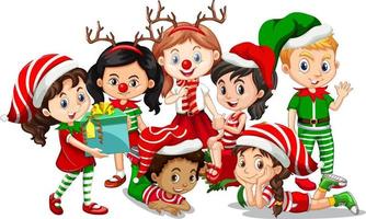 Los niños usan el personaje de dibujos animados de disfraces de Navidad sobre fondo blanco. vector