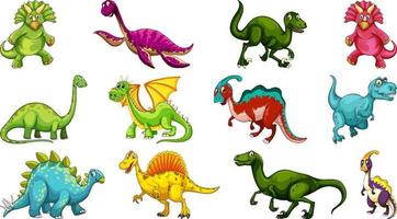 Conjunto de diferentes personajes de dibujos animados de dinosaurios aislado sobre fondo blanco. vector