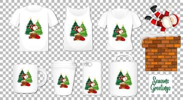 Santa claus bailando personaje de dibujos animados con un conjunto de diferentes productos de ropa y accesorios sobre fondo transparente vector