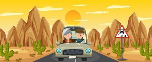 Pareja de pensionistas conduciendo en el desierto viaje vector