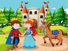 Scene with prince and princess at the castle vector