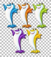Set of many smiling cute shark cartoon character isolated on transparent background vector