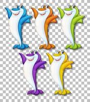 Set of many smiling cute shark cartoon character isolated on transparent background vector