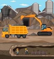 Landscape of coal mining scene with crane and trucks vector