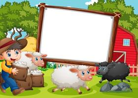 Banner en blanco en la escena de la granja con un niño y muchas ovejas. vector