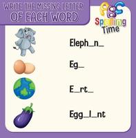 Write the missing letter of each word worksheet for children vector
