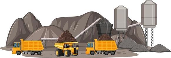 Escena de minería de carbón con camiones de construcción. vector