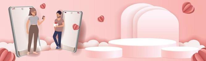 Paper art podium for show and couple on mobile phone sending pink hearts and love vector