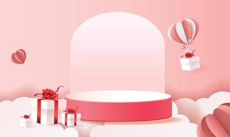 3d paper art podium in clouds for valentine's with hearts and gifts
