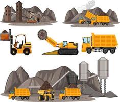 Escena de minería de carbón con diferentes tipos de camiones de construcción. vector