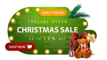 Special offer, Christmas sale, up to 50 off, greendiscount banner in abstract liquid shapes with bulbs, red button and present with Teddy bear vector