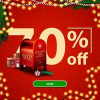 Christmas sale, up to 70 off, red discount banner with large numbers, button, garland and Santa letterbox with presents vector