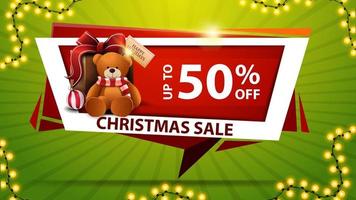 Christmas sale, up to 50 off, red discount banner in the form of geometric plate with present with Teddy bear vector