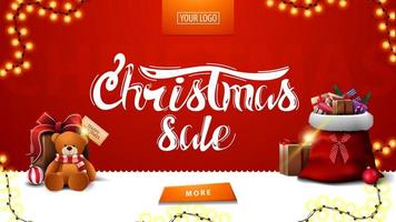 Christmas sale, red modern banner for website with garland, button, Santa Claus bag and present with Teddy bear vector