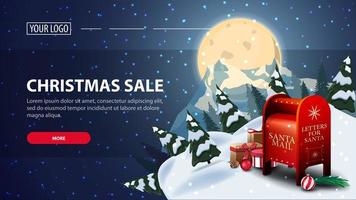 Christmas sale, horizontal discount web banner with starry night. Full blue moon with starry sky and silhouette of the planet vector