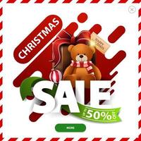 Christmas sale, up to 50 off, red and green discount pop up with abstract liquid shapes large volumetric letters, ribbon, button and present with Teddy bear vector