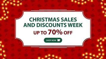 Christmas sales and discount week, up to 70 off, red banner with white vintage frame and pattern with Santa Claus sleigh and reindeer vector