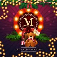 Merry Christmas and a happy New Year, purple square postcard with round greeting emblem, garland, Christmas tree branches and present with Teddy bear vector