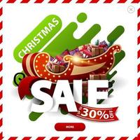 Christmas sale, up to 30 off, red and green discount pop up with abstract liquid shapes large volumetric letters, ribbon, button and present with Teddy bear vector