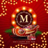 Merry Christmas and a happy New Year, red square postcard with round greeting emblem, garland and Santa Sleigh with presents vector