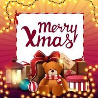 Feliz Navidad, banner de descuento cuadrado rosa y amarillo con guirnalda de Navidad, hoja de papel blanco y más regalos vector