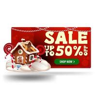 Christmas red discount 3D banner with up to 50 off and Christmas gingerbread house vector