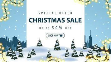 Special offer, Christmas sale, up to 50 off, discount banner with winter landscape and silhouette city on background vector