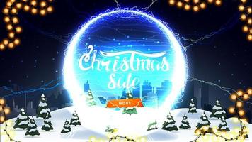 Christmas sale, discount banner with winter landscape, starry sky, button and round portal with lightning bolts and offer vector