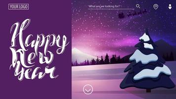 Happy New Year, beautiful purple card for website with beautiful winter landscape on background and blue curtain for text vector