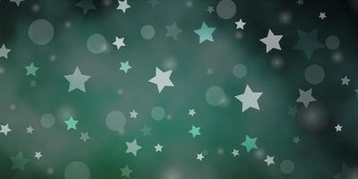 textura de vector verde claro con círculos, estrellas.