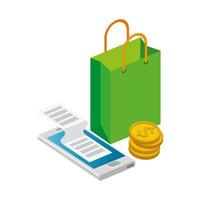 smartphone with bag shopping and pile coins isolated icon vector