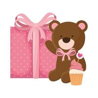 cute teddy bear with gift box and cupcake vector