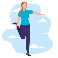 Woman avatar stretching in front of clouds vector design